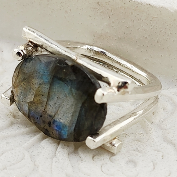 LABRADORITE STATEMENT RING HANDMADE IN RECYCLED ATERLING SILVER UNISEX SIZE 7.5